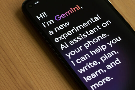 Portland, OR, USA - Feb 8, 2024: Gemini app landing page is seen on a Google Pixel smartphone. Google renames its Bard chatbot to Gemini and releases a dedicated Gemini app for Android on Thursday.