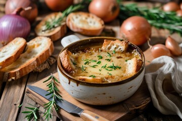 A rustic presentation of French onion soup with cheese and baguette, complemented by fresh onions, rosemary