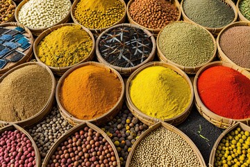 open air spice bazar with bowls full of colorful condiments