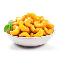 a thai fried cashew nuts with salt egg yolk, studio light , isolated on white background