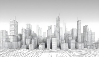 Abstract wireframe city background. Perspective 3D render of building wireframe. Vector.