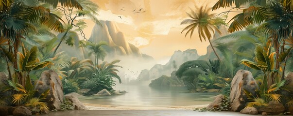 Golden Jungle Mirage Volumetric 3D Wallpaper Art with White and Gilded Textures