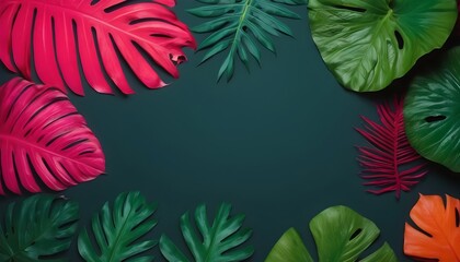 Fototapeta premium Creative fluorescent color layout made of tropical leaves. Flat lay neon colors. Nature concept.