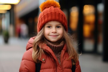 Outdoor portrait of adorable little girl wearing warm hat and coat, looking at camera