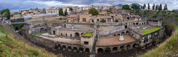 A panoramic view of the UNESCO World Heritage Site of Herculaneum, an ancient Roman city that was...