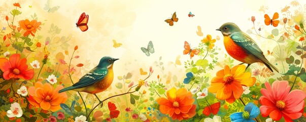 Enchanted Garden Illustration A Tapestry of Vivid Colors with Fluttering Birds and Butterflies