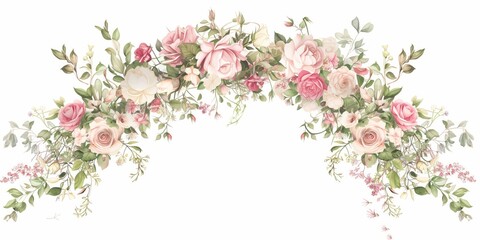 Obraz na płótnie Canvas Romantic Floral Arch Illustration Elegant Metal Design Adorned with Soft Pink and White Roses - Vector Artwork for Invitations and Cards