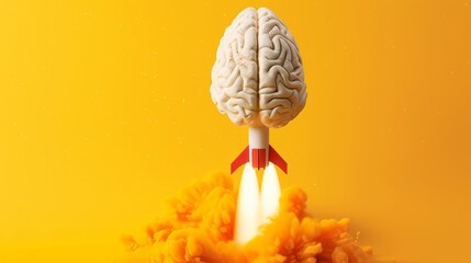 Rocket shaped brain taking off on yellow background, business strategy concept