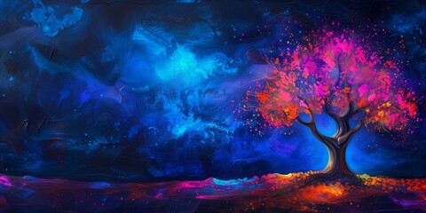 Vibrant Neon Tree of Life Digital Artwork on Dark Background - Abstract Wallpaper Design