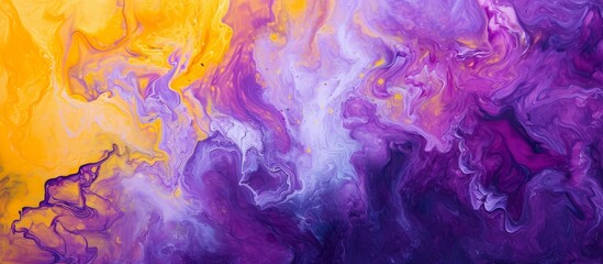 Fototapeta na wymiar Purple and yellow acrylic paints create a colorful and abstract background resembling dancing underwater smoke and a burst of colors.