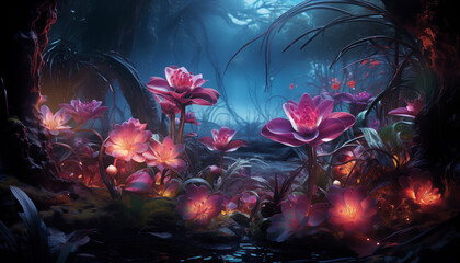 Enchanted Forest with Illuminated Neon Flowers