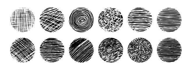 Set of isolated vector black grunge textured scribble geometric round borders. Abstract hand drawn scratched circle frames collection for graphic design, decoration