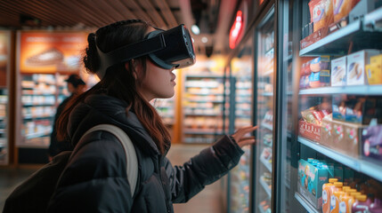 A woman stands amidst a physical aisle, VR headset on, illustrating the seamless integration of virtual reality in retail for a personalized shopping experience. - obrazy, fototapety, plakaty