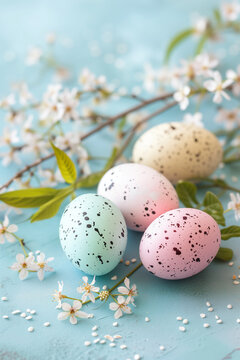 Colorful Easter eggs on blue background among spring flowers. Holiday concept. Background image for greeting card, spring postcard, banner, flyer, advertising.