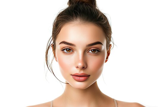 portfolio shot of 25 years old model with perfect skin, brown sleek hair bun, symmetrical, brown eyes, no makeup, relaxed face, open forehead, isolated on the white background -  generative ai