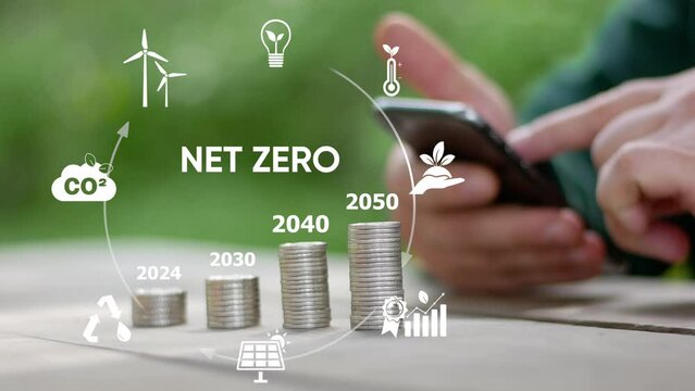 A businessman working on smartphone . Net zero concept, 2050 strategy.ESG environmental social governance investment business concept. 