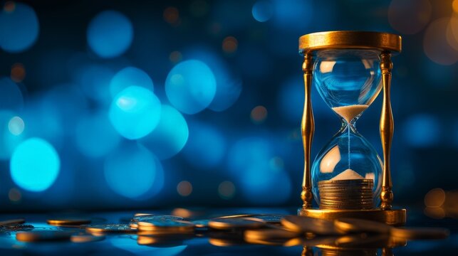 Hourglass with coins on blue background, long term investment concept