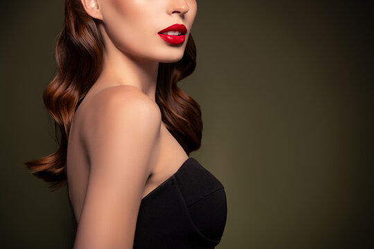 Cropped photo of stunning sophisticated lady with bare shoulders and elegant make up over khaki color background