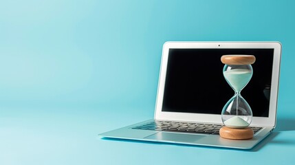 Laptop and hourglass on blue background