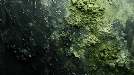 Wall texture close-up with mold, showcasing the environmental effects of moisture in green and black - obrazy, fototapety, plakaty