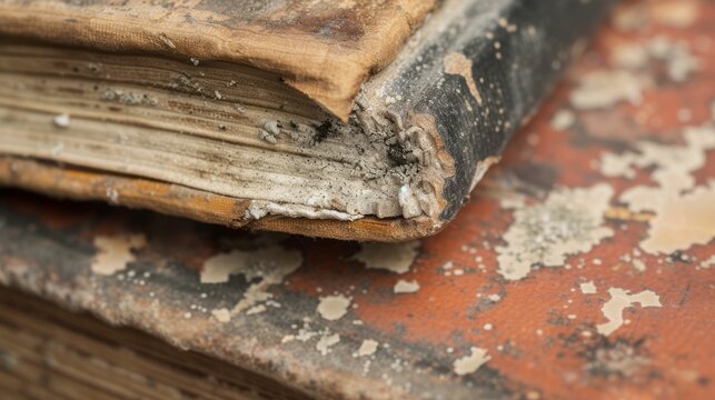 Book cover close-up revealing mold patterns, a study in moisture-induced damage and decay