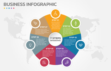 Visual data presentation. Cycle diagram with 7 options. Pie Chart Circle infographic template with 7 steps, options, parts, segments. Business concept. Editable pie chart with sectors. 