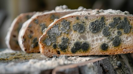 Close examination of bread with mold growth, highlighting the intricate textures and color hints