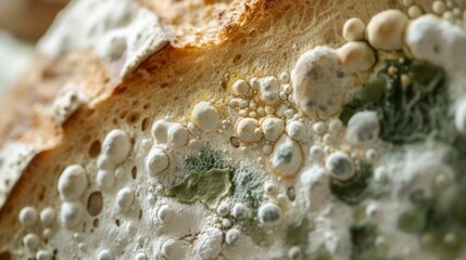 Zoomed-in view of moldy bread, showcasing the detailed texture with hints of green and white