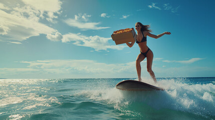 Female Pizza Surfing Deliver - obrazy, fototapety, plakaty