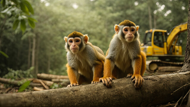 Squirrel Monkeys in their natural Amazon Rainforest Environment being destroyed by bulldozer, created with Generative AI technology
