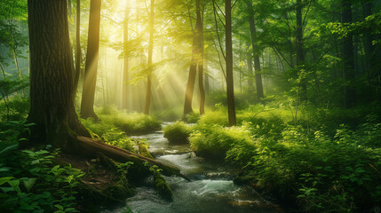 Sunbeams pour through the canopy of a vibrant green forest, illuminating the foliage and a gentle stream flowing over rocks.