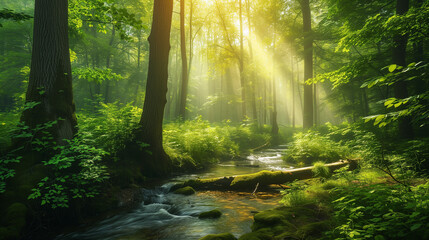 Sunbeams pour through the canopy of a vibrant green forest, illuminating the foliage and a gentle stream flowing over rocks.