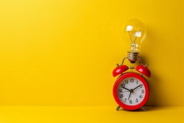 Red alarm clock with light bulb on yellow background with copy space, idea and creativity concept
