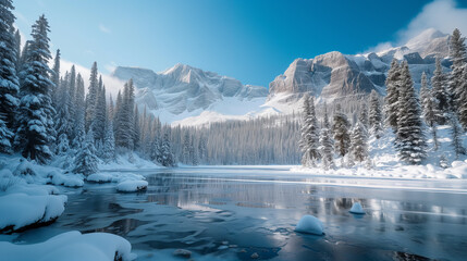 Fototapeta na wymiar A serene winter landscape showcases a frozen river leading to snow-laden pine trees and majestic mountains under a clear blue sky.