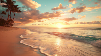 A breathtaking sunset view over a tropical beach, with gentle waves caressing the shore and palm trees silhouetted against the vibrant sky.
