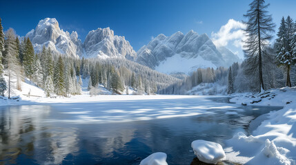 A serene winter landscape showcases a frozen river leading to snow-laden pine trees and majestic mountains under a clear blue sky.