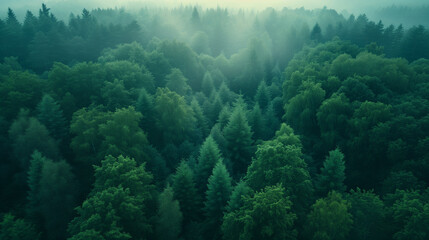 Naklejka na ściany i meble Aerial view of a dense green forest shrouded in mystical fog, with the treetops creating a tranquil and ethereal landscape.