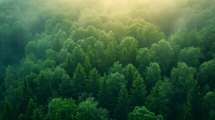 Fototapeta na wymiar Aerial view of a dense green forest shrouded in mystical fog, with the treetops creating a tranquil and ethereal landscape.