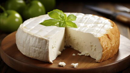 A full wheel of Camembert cheese with a section cut out, paired with fresh tomatoes and basil leaves, on a dark wooden backdrop