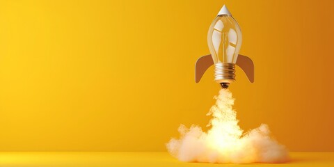 Rocket shaped light bulb on yellow background, startup ideas concept