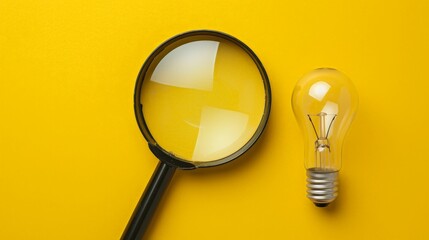Magnifying glass and light bulb on yellow background, concept of searching for ideas