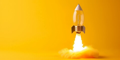 Rocket shaped light bulb on yellow background, startup ideas concept