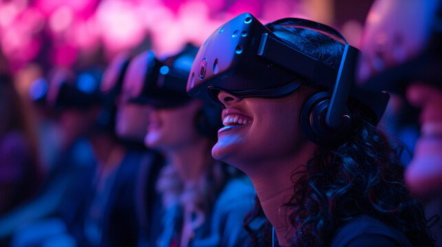 VR Virtual Reality, Workplace and Meetings.Virtual reality presentation created. Attendees at a technology expo, Generative AI technology.