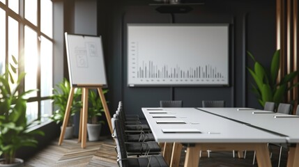 Meeting room with table, chairs and whiteboard with bar graphs, Modern conference room