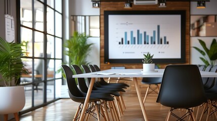 Meeting room with table, chairs and whiteboard with bar graphs, Modern conference room