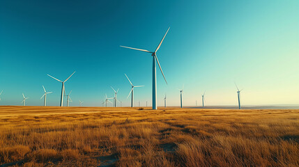 Wind turbines towering over a golden field against a clear blue sky, depicting renewable energy and sustainability.