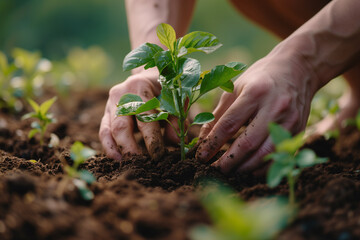 Close-up of hands nurturing a young plant in rich, dark earth, symbolizing growth and care.