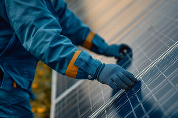 A focused solar technician in safety gear closely examines the condition of photovoltaic panels at an industrial site.