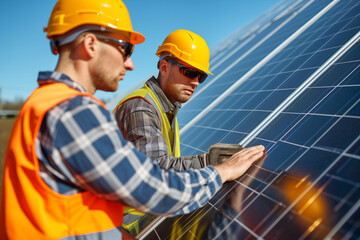 Two engineers in hard hats and reflective vests are meticulously inspecting solar panels at a solar power plant.
