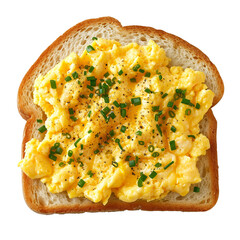 A slice of bread topped with scrambled eggs isolated on transparent or white background, png